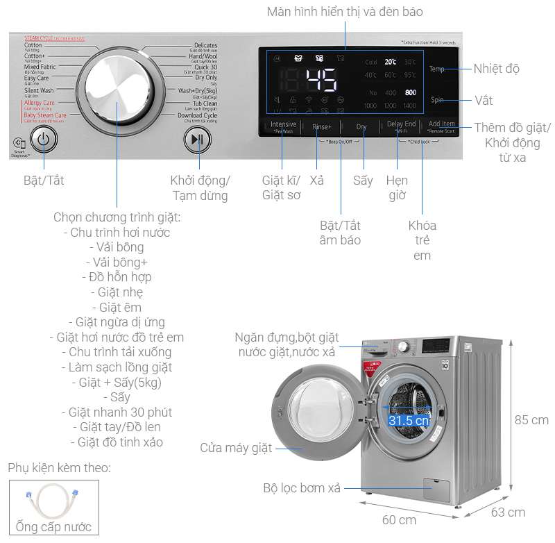 Máy giặt sấy LG Inverter 9kg FV1409G4V Mới 2020 - Chính hãng
