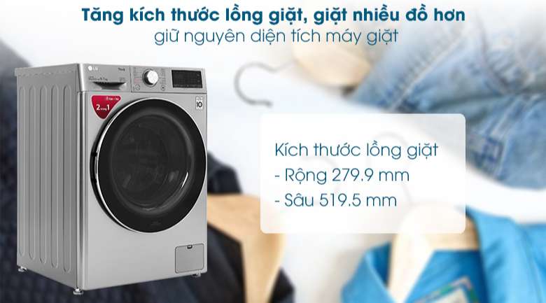 Máy giặt LG 9kg có sấy tăng kích thước lồng giặt, giữ nguyên diện tích máy giặt