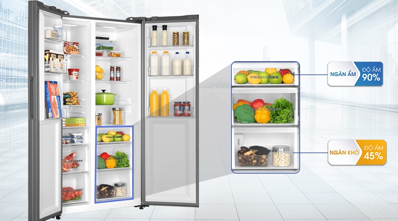 Tủ lạnh Aqua side by side - Ngăn chứa thực phẩm khô và ẩm riêng biệt tiện lợi, và độc đáo