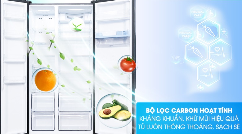Tủ lạnh Aqua side by side - Bộ lọc Cacbon hoạt tính ngăn chặn vi khuẩn và mùi hôi thực phẩm bên trong tủ