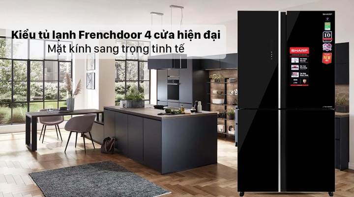 Tủ lạnh Sharp side by side - Kiểu tủ lạnh Frenchdoor 4 cửa hiện đại cùng mặt kính sang trọng, tinh tế